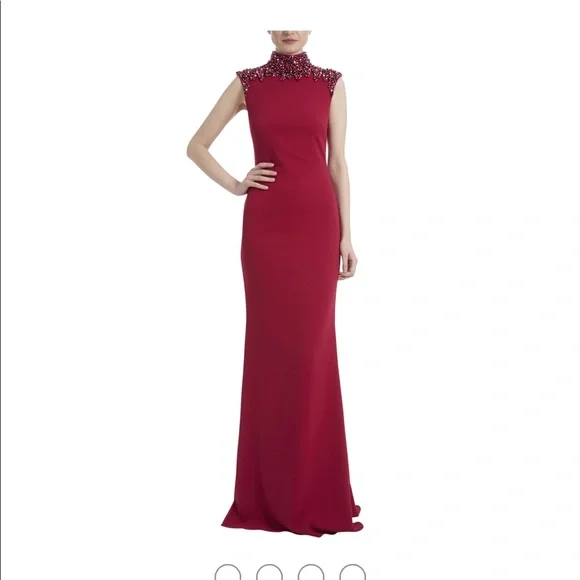 Badgley Mischka Women's Beaded Mock Neck Gown in Cerise Red Size 12